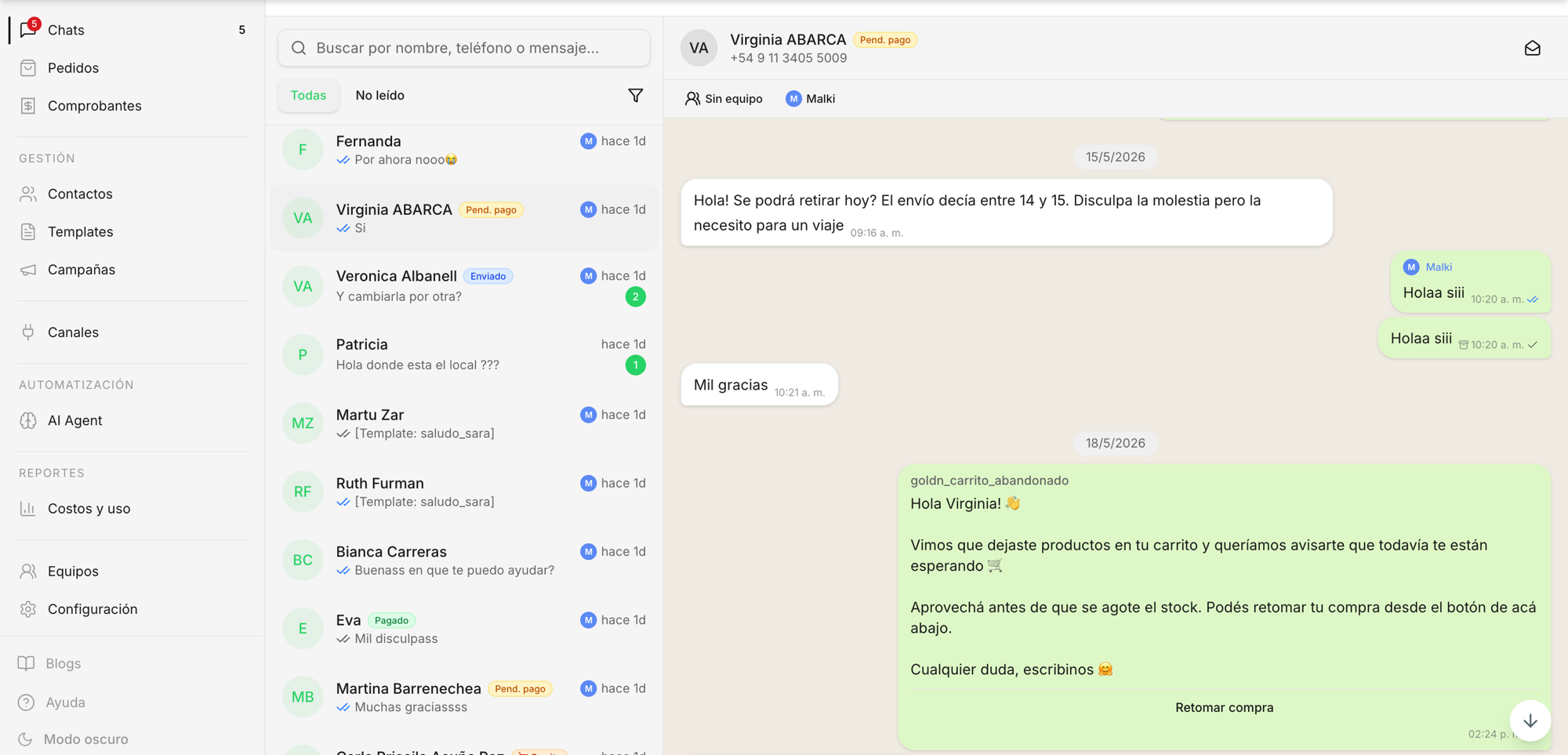 Waspy: inbox con chats, pedidos y carritos de Tienda Nube